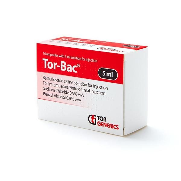 TORBAC BACTERIOSTATIC SALINE SOLUTION 5ml x 10v/30 ml bottles available